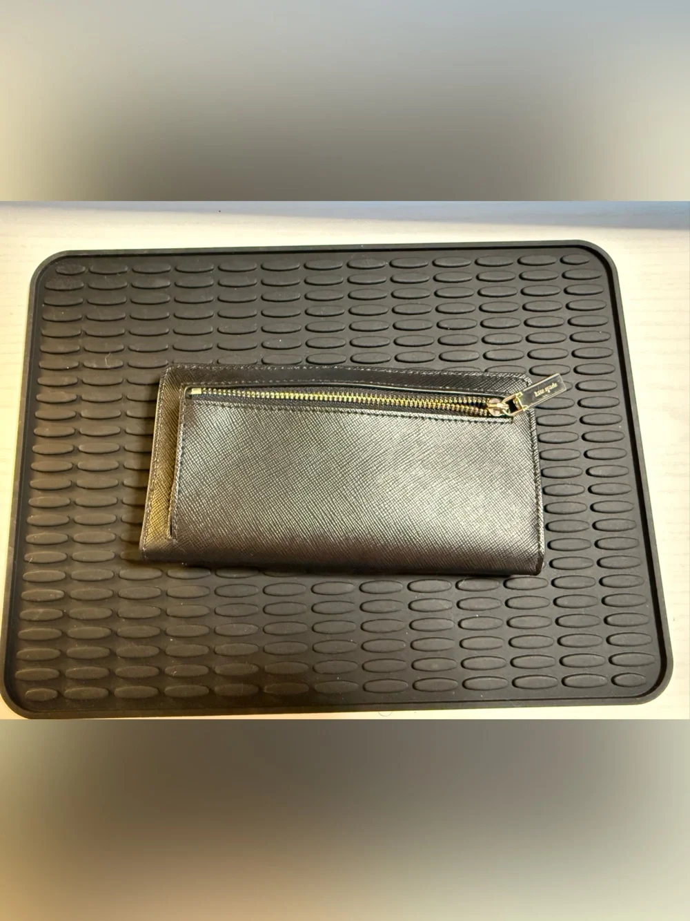 kate spade Black Saffiano Leather Zip Card Holder with Gold Logo